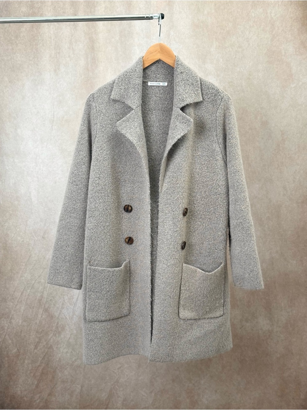 Pink Clover Light Gray Bouclé Pea Coat with Patch Pockets
